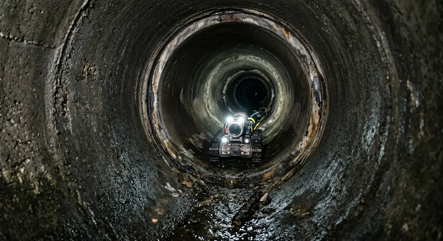 Robotic sewer camera inspecting pipe interior for Sewer Line Cleaning in Groton