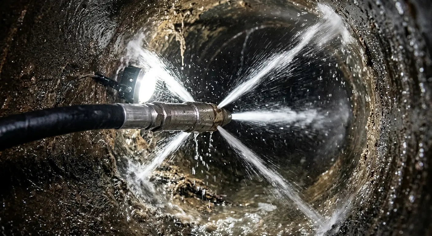 High-pressure hydro jetting nozzle cleaning sewer pipe for Sewer Cleanout in Groton