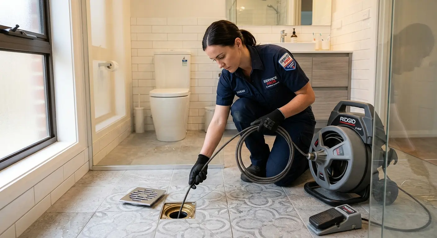 Technician clearing a bathroom floor drain for Sewer Line Installation in Groton